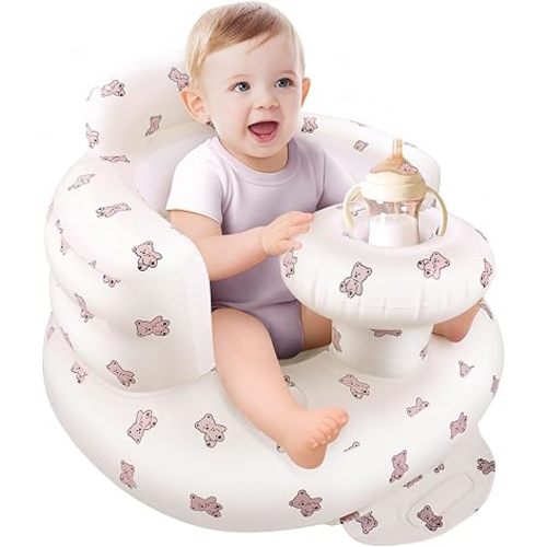 Arscniek Inflatable Baby Seat Built in Air Pump, Blow Up Baby Chair with Back Support and Tray, Sit Me Up Floor Seat for Babies 3-36 Months, Portable Infant Chairs for Indoor and Outdoor- Biscuit Bear