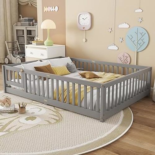 Bellemave Full Size Floor Bed with Slats and Safety Guardrail, Full Size Montessori Floor Bed with Fence and Door, Easy Assemble Montessori Beds for Kids, Girls, Boys, Gray