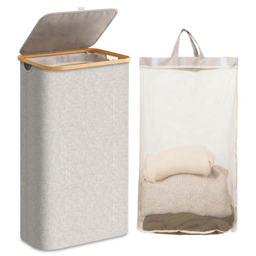 HBlife 60L Slim Laundry Hamper with Lid and Removable Inner Bag,Lightgrey