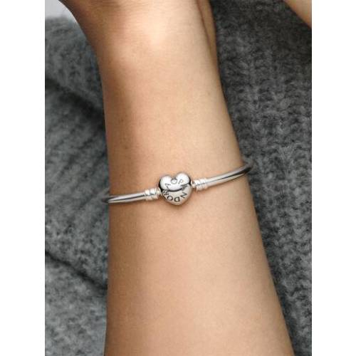 Moments Silver Bangle Bracelet with Logo Heart Clasp | Sterling silver | Pandora US