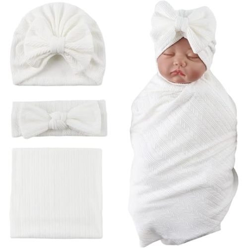 OMUKY Newborn Receiving Blanket Bow Headband and Beanie Set Baby Swaddle Receiving Blankets Baby Boy Girls Nursery Swaddle Wrap(White)