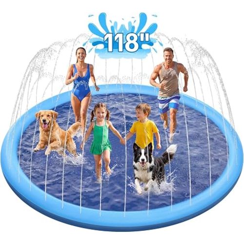 Splash Pad for Kids and Dogs, 118'' Super Large Anti-Slip Splash Sprinkler Pad for Baby Toddler, Thicken Splash Pad Dog Pool Summer Outdoor Water Toys