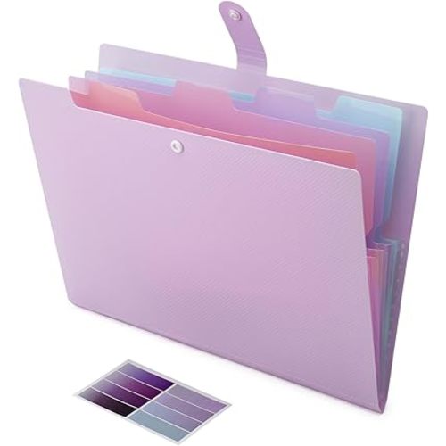 NAFY Colorful Expanding File Folder, 5 Pockets Folder with Colored Labels Portable Weave Pattern Accordion File Folder A4 Letter Size Project Organizer Document Folder for Office School (Purple)
