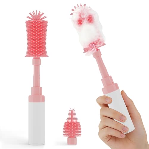 ZTX Self-Foaming Silicone Baby Bottle Brush Set - One Press Creates Rich Foam, Cleans Bottles, Breast Pump Parts & Nipples, Includes Detachable Brush & Travel Storage Bag, Pink