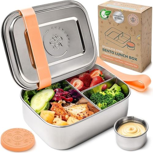 Everusely - Bento Box - Sage, 27oz / 0.8 L - Stainless Steel Lunch Box with Leakproof Condiment Container - 3 Compartment Snack Organizer for On the Go Meals - Freezer & Dishwasher Safe
