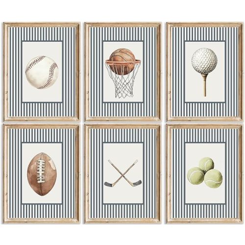 Nursery Sports Wall Art Toddler Boys Room Canvas Wall Decor Vintage Sports Themed Prints Baseball Football Pictures Golf Basketball Tennis Posters Artwork for Kids Playroom Bedroom 8x10x6 In Unframed