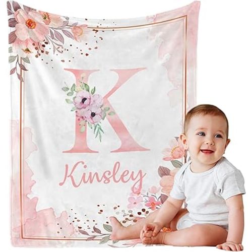 Personalized Baby Blanket with Name, Custom Floral Name Blanket Toddler Girls Soft Flannne Receiving Blankets Customized Memorial Gift for Infant Newborn Shower