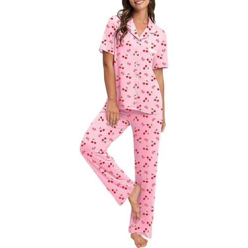 Bloggerlove 100% Cotton Pajamas for Women Set 2 Piece Short Sleeve Women's Sleepwear Button Down Lounge Sets with Pockets