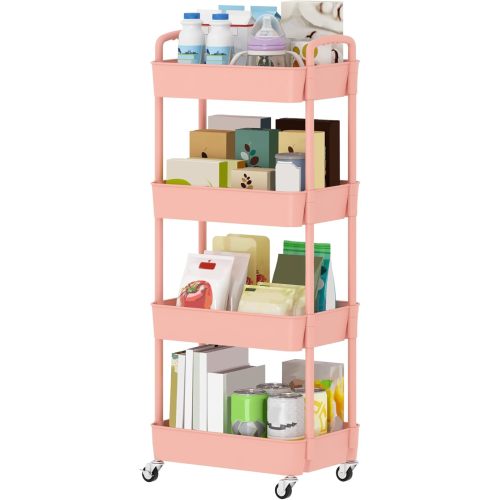 Sywhitta 3-Tier Plastic Rolling Utility Cart with Handle, Multi-Functional Storage Trolley for Office, Living Room, Kitchen, Movable Storage Organizer with Wheels, Pink