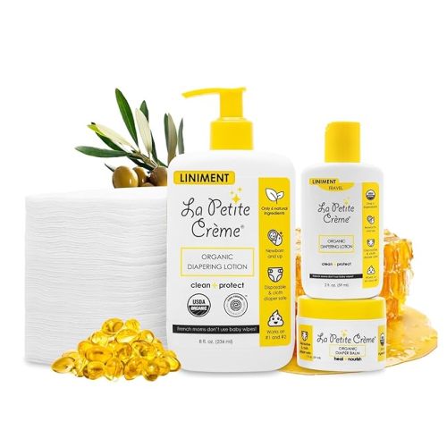 La Petite Creme All-Natural Premium French Baby Essentials: Includes Organic Diaper Rash Cream Liniment (8 oz), Travel-size Baby Lotion (2 oz), Travel-size Diaper Balm (1 oz) 50 Disposable Cotton Pads