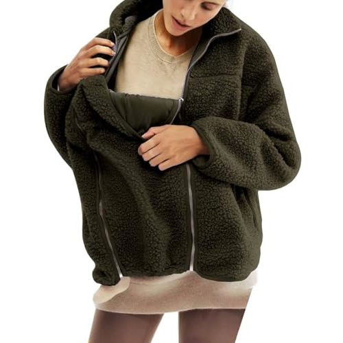 Women's Fleece Zip Up Maternity Wearing Jacket Fall Winter Coat Mom Cozy Thicken Sweatshirt Jacket