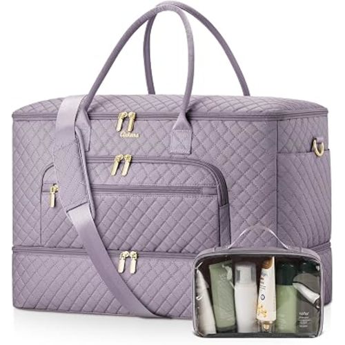 Travel Duffle Bag, Wide Open Large Weekender Bag for Women with Shoe Compartment, Carry on Overnight Bags with Toiletry Bag, Hospital Bag for Women Labor Delivery with Wet Pocket (Purple Grey)