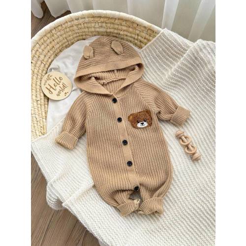 SHEIN Newborn Baby Cute Bear Patch Hooded Knit Romper, Autumn/Winter Baby Knit Romper Baby Romper Bear Baby Knit Jumpsuit Baby Hooded Romper Baby Sweater Romper Fall | SHEIN USA