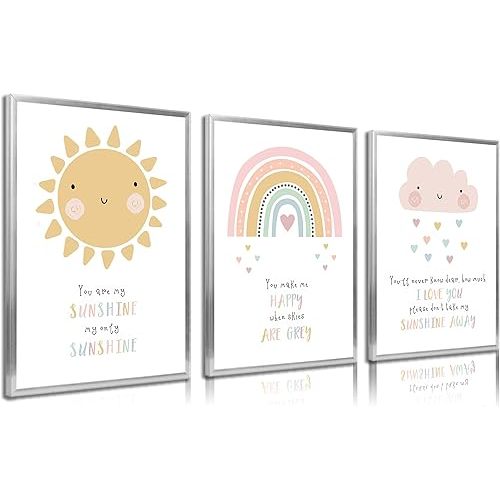 3pcs Pink Nursery Canvas Wall Art Cute Sun Rainbowdark Clouds Posters Prints Kids Bedroom Baby Girls Toddler Pastel Wall Decor Pictures for Classroom School Nursery Decoration Unframed