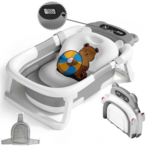stusgo Collapsible Baby Bath Tub, Folding Baby Bathtub with Cushion, Thermometer, Grey