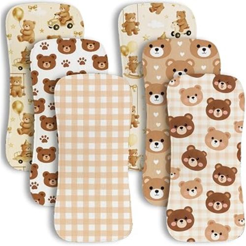 6 Pack Teddy Bear Baby Burp Cloths for Boys Girls, Soft Cotton Large Burp Rags for Newborns, Super Absorbent Spit-Up Cloths, Cartoon Brown Bear and Gingham Plaid Design, Nursery Feeding Gift Set