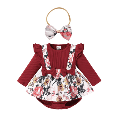 PatPat Ribbed Floral Baby Romper Dress Long Sleeve,Long Sleeve Bodysuits Infant Jumpsuit Clothes,0-18month