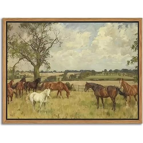 SAMHOU Floating Framed Canvas Wall Art, Vintage Nature landscape Picture Wall Decor, Majestic Brown Horse in The Countryside Poster Prints for Living Room Bathroom Bedroom Rustic Decor 12x16 inch