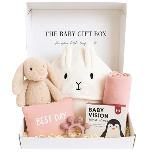 New Baby Gift Basket Set with Adorable Newborn Essentials for Baby Girl and Boy | Quality Baby Shower Gift Baskets with Soft Swaddle Blanket | Cutest Newborn Gift Set, Gift-Ready Packaging (Pink)