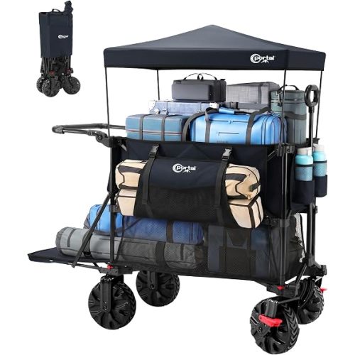 Push & Pull Double Decker Wagon with Canopy,400L Folding Large Capacity Heavy Duty Wagon Cart,450 lb Collapsible Cart with Brakes, 54” Extended Foldable for Sports, Beach, Camping,Shopping