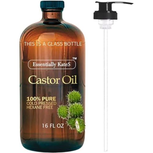 Essentially KateS Castor Oil 16 Fl Oz (Glass Bottle) - Original - A Huge Glass Bottle with a Pump - 100% Pure and Natural, Cold Pressed, and Hexane-Free - Hair and Body