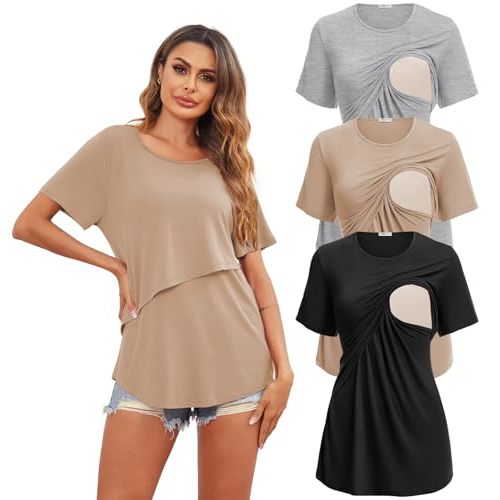 Ekouaer Women's Maternity Shirts Short Sleeves Nursing Tops 3 Pack Double Laye Breastfeeding Tees Pregnancy Clothes S-XXL