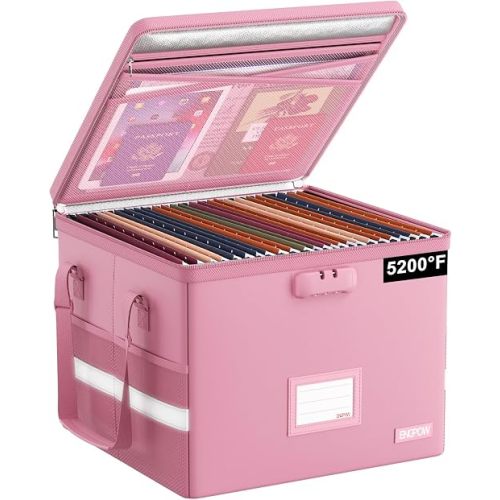 ENGPOW 5200°F File Box Fireproof Document Box with Lock,Heat Insulated Collapsible File Storage Organizer Box with Handle,Portable Home Office File Cabinet for Hanging Letter/Legal Size Folder, Pink