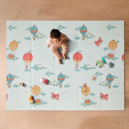 Nuby Reversible Baby Floor Mat - Foldable and Lightweight Foam Infant Play Mat - 77" x 58" - Easy Storage and Travel - Hot Air Balloons/Stripes