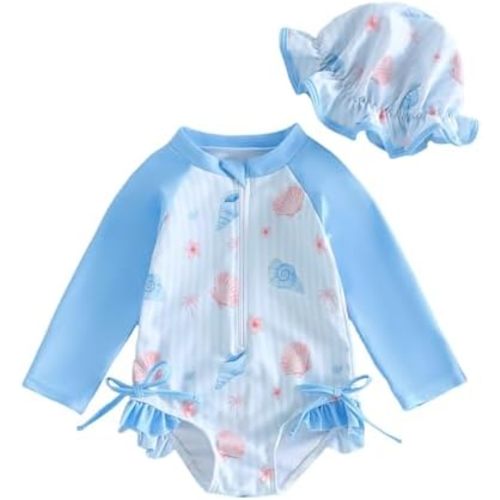Toddler Baby Girl One Piece Swimsuit with Sun Hat Rash Guard Zipper Ruffle Bathing Suit Infant Swimwear 2PCS
