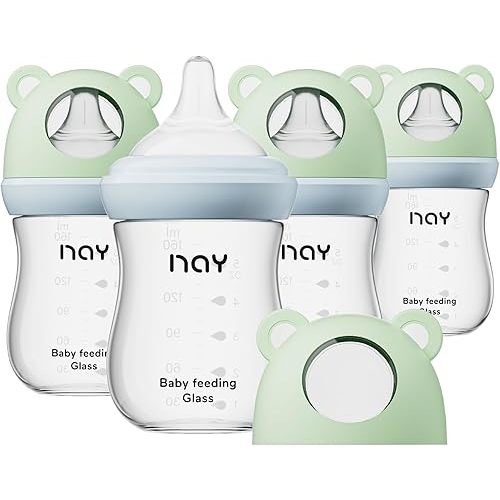 yanyoyo Natural Glass Baby Bottle for Breastfeeding Babies, 5.4oz Anti-Colic Baby Bottle with Natural Response Nipple(S), Clear, Wide Neck, 4 Pack, 1 Months+