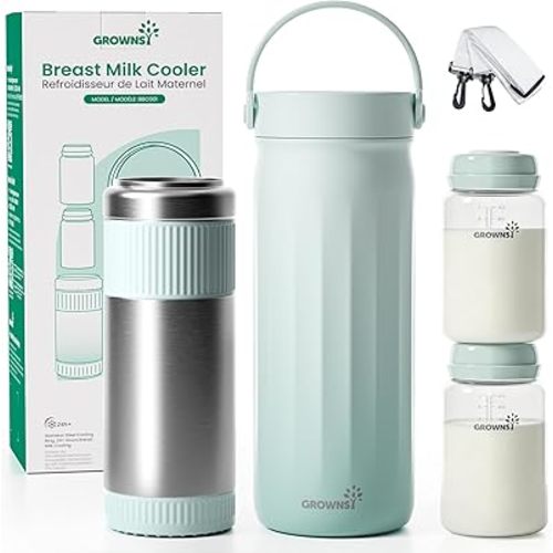 Grownsy 22oz Portable Breast Milk Cooler, 360° Stainless Steel Chiller Keeps Breastmilk Fresh for 24H, No Ice Crystals,Milk Cooler with 2 Baby Bottles for Work & Travel, Baby Breastfeeding Essential