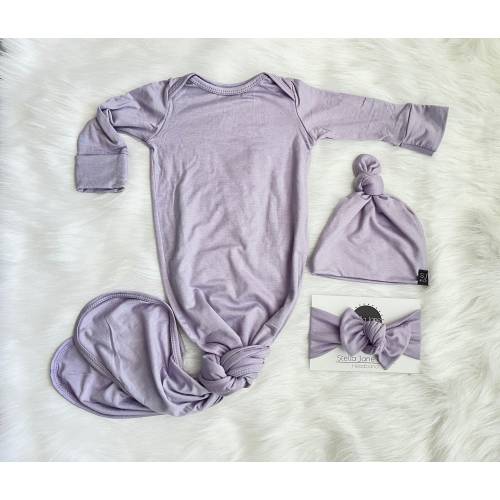 Dusty Lilac Baby Knotted Gown with Headband: Take Home Outfit