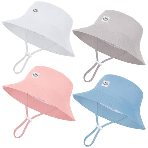 Cooraby 4 Pack Baby Sun Hat Breathable Bucket Hat Toddler Sun Protective Adjustable Hats with Wide Brim for Baby Girl Boy