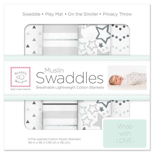 SwaddleDesigns Cotton Muslin Swaddle Blankets, Set of 4, Receiving Blankets for Baby Boys & Girls, Best Shower Gift, 46x46 inches, Sterling Starshine & Dots