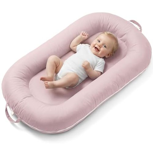 Newborn Lounger Pillow, Infant Support Cushion with Breathable Mesh & Detachable Toy Arch, Portable Floor Lounger for Play/Travel, Machine Washable Cover (Dusty Rose)