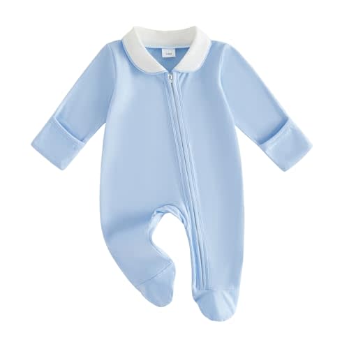 Newborn Baby Boy Girl Clothes Peter Pan Collar Zip Footed Footie Jumpsuit Romper Coming Home Hospital Fall Outfits