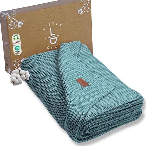 100% Organic Cotton Baby Knitted Blanket with Gift Box - Soft Toddler, Crib, Stroller Blanket - Neutral Swaddle and Receiving Blanket for Newborns, 30"x40", Smoke Blue