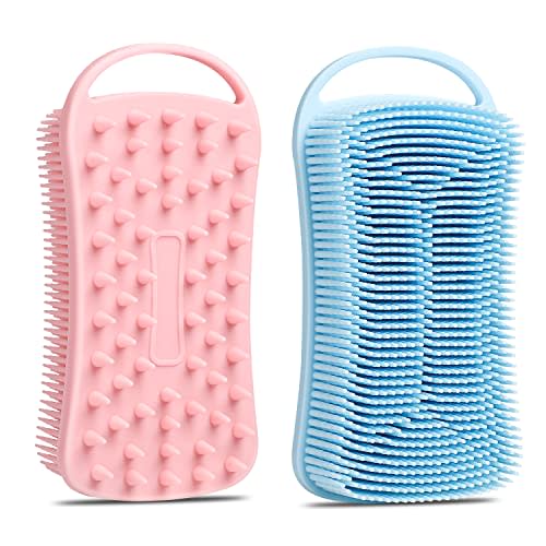 2 Pack Silicone Body Scrubber, 2 in 1 Shower and Scalp Massager Shampoo Brush, Soft Silicone Loofah for Sensitive Skin, Double-Sided Body Brush, Lathers Well, Gentle Exfoliating (Blue,Pink)