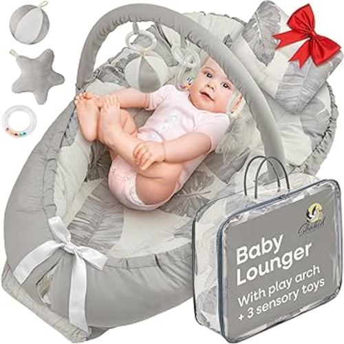 Portable Baby Lounger for Newborn w/Removable Arch & 3 Toys - Infant Lounger w/ 38% More Protection - Comfort, Breathable and Soft Floor Dock a Tot for Home and Travel | 0-24 (Grey Feathers)