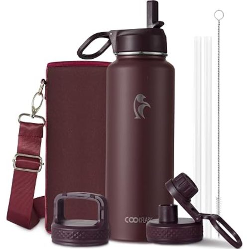 Coolflask 40 oz Water Bottle Insulated with Straw & 3 Leakproof Lids