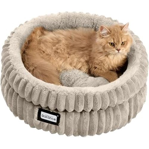 BALANCE Cat Bed Kitten Bed, Washable Round Cat Beds for Indoor Cats,Super Soft Plush Faux Fur Pet Bed for Puppy and Kitten with Anti-Slip Bottom