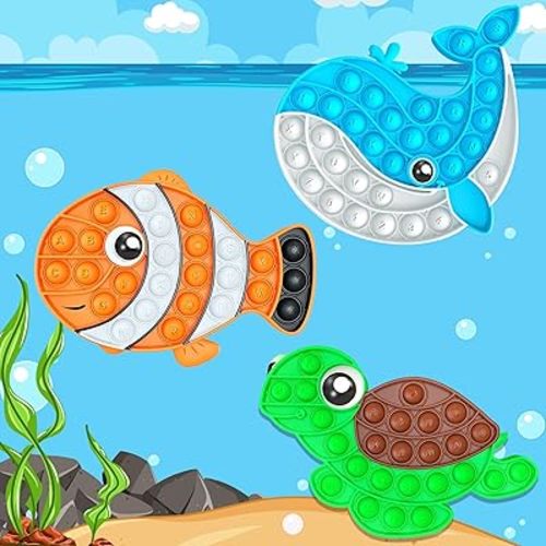 3 Pcs Fidget Toys for Kids,Push Bubble Bulk Sea Animals Sensory Toy Sets Fish Turtle Whale Stress Relief Figettes Classroom Prizes,Travel Stuffers Birthday Gifts for Toddler Teen Boys Girls Adults