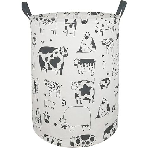 KUNRO Round Laundry Basket Hamper Kids Toys and Clothes Storage Basket Children Gift Basket Baby Toy Organizer Bins for Room Decor (Cow)