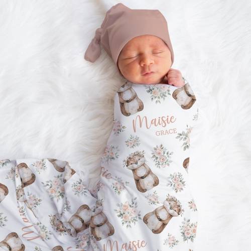 Personalized Otter Swaddle Blanket Woodland Name Baby Blanket Flowers Newborn Baby Girl Coming Home Outfit Hospital Photo Baby Shower Gift