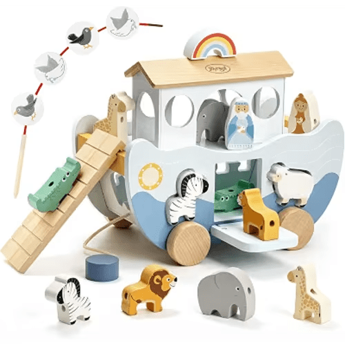 Joyreal Wooden Noah's Ark Toy for 1 Year Old Baby Boy and Girl Baptism Gift