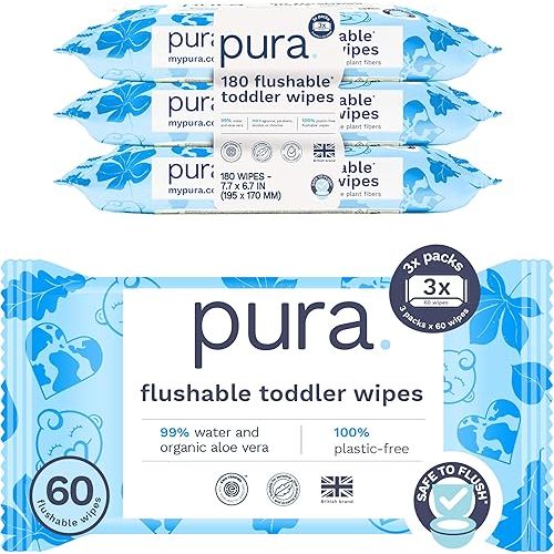 Pura Flushable Toddler Wipes, 180 count