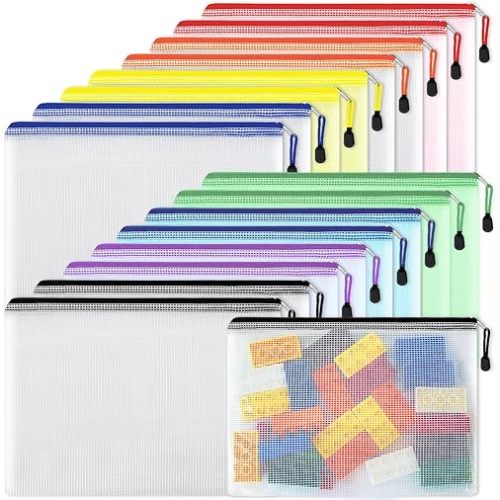 EOOUT 16pcs Mesh Zipper Pouch, Puzzles, Board Game Storage Bags for Organizing, Waterproof Zip File Bags, Letter Size, A4 Size, for School Office Supplies, Storage Bags, 8 Colors