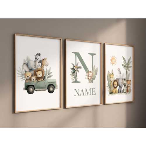 Personalized Safari Nursery Art: Jungle Animal Prints, Custom Name Decor