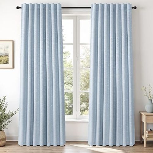 Topfinel Light Blue Linen Curtains 84 Inches Long for Living Room Bedroom 100% Full Blackout Sky Baby Blue Window Curtains Energy Efficient Modern Drapes Back Tab with Hooks Rings 2 Panels Set