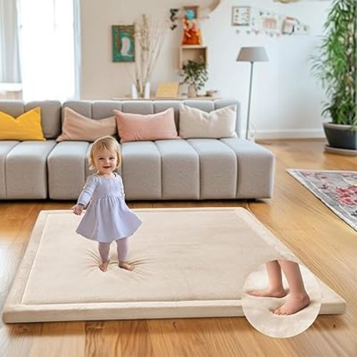 Thick Baby Play Mat for Floor,50x50 Playpen Mat,Ultra Soft Mat for Tummy Time,Cushioned Extra Large Crawling Mat with Baby-Safe & Non-Slip for Babies,Toddlers,Infants,Kids,Easy Care,50"x50",Beige